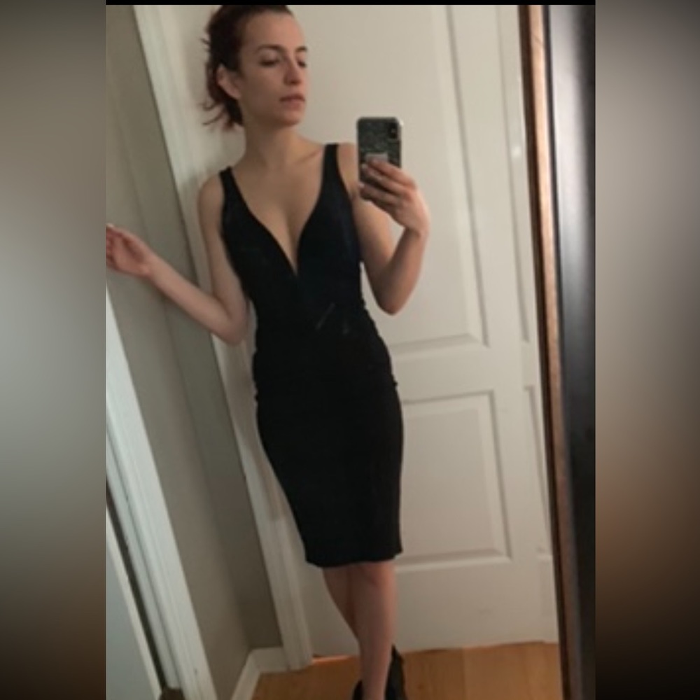 Lulus sexy black deep plunge strappy cocktail dress with pencil skirt